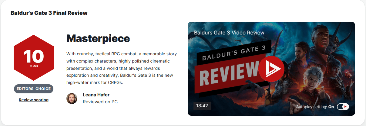 （博德之门3正式版出了吗）IGN公布《博德之门3》完整评测，测被被评为满分“杰作”插图