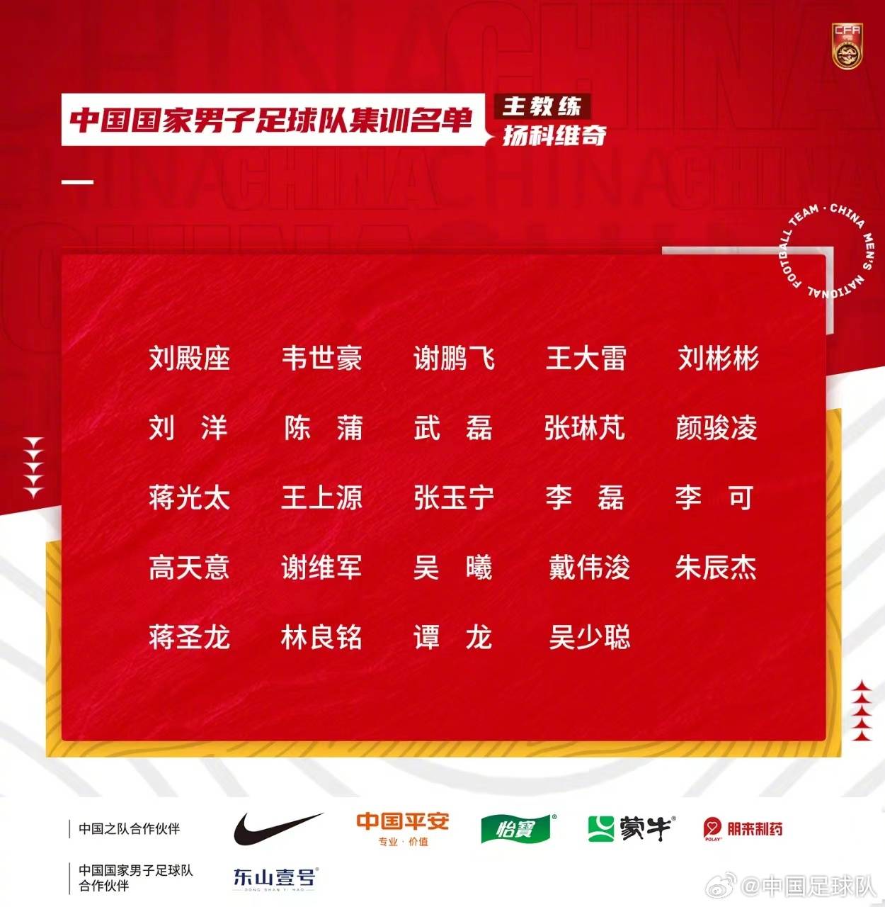 国足世界预赛大名单由吴磊、张玉宁领衔 艾克森落选
